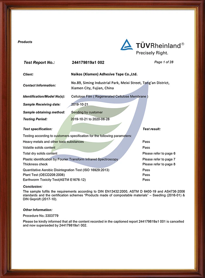Cellulose Film Report Certificate